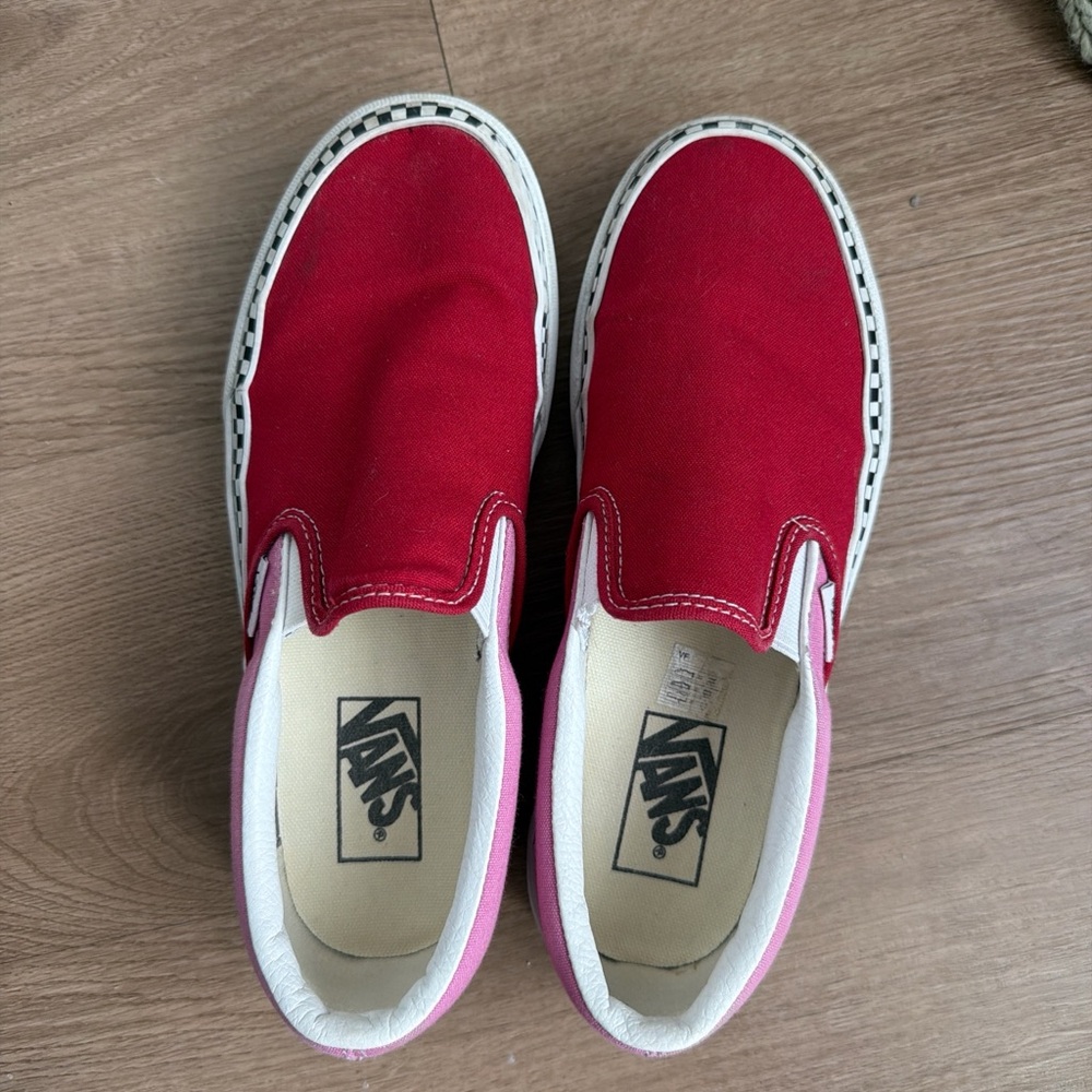 Vans Red & Pink Platform Slip-On Sneakers with Checkered Accent - Picture 3 of 8